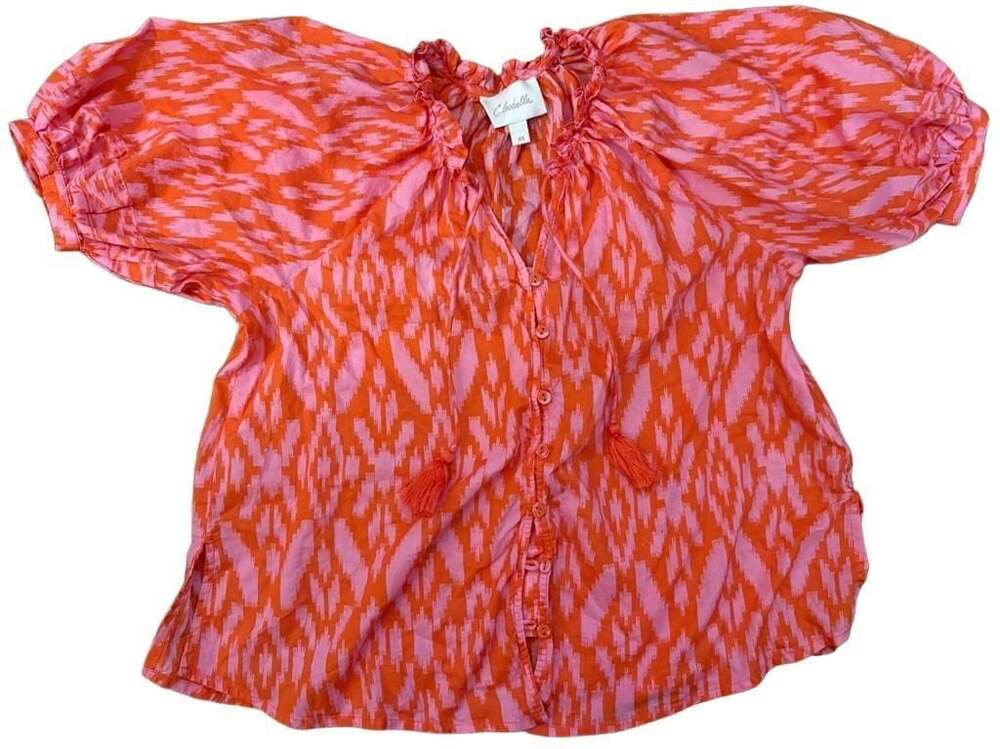 Cleobella Malinda Pink and Orange Ikat Print Short Sleeve Blouse Size XS